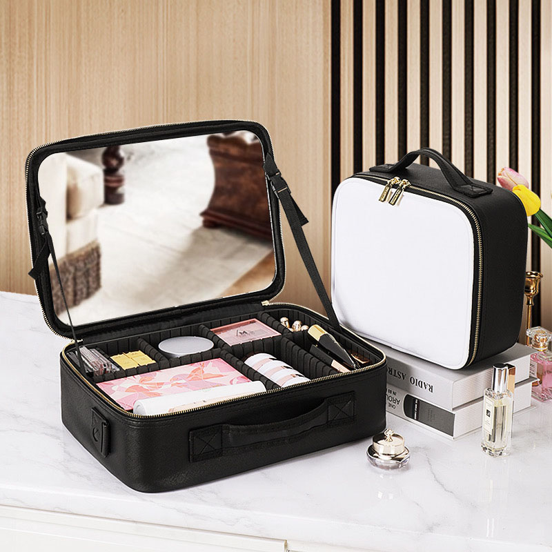 Travel Makeup Bag With Mirror For Women Vanity Mirror Cosmetic Organizer Storage Box 