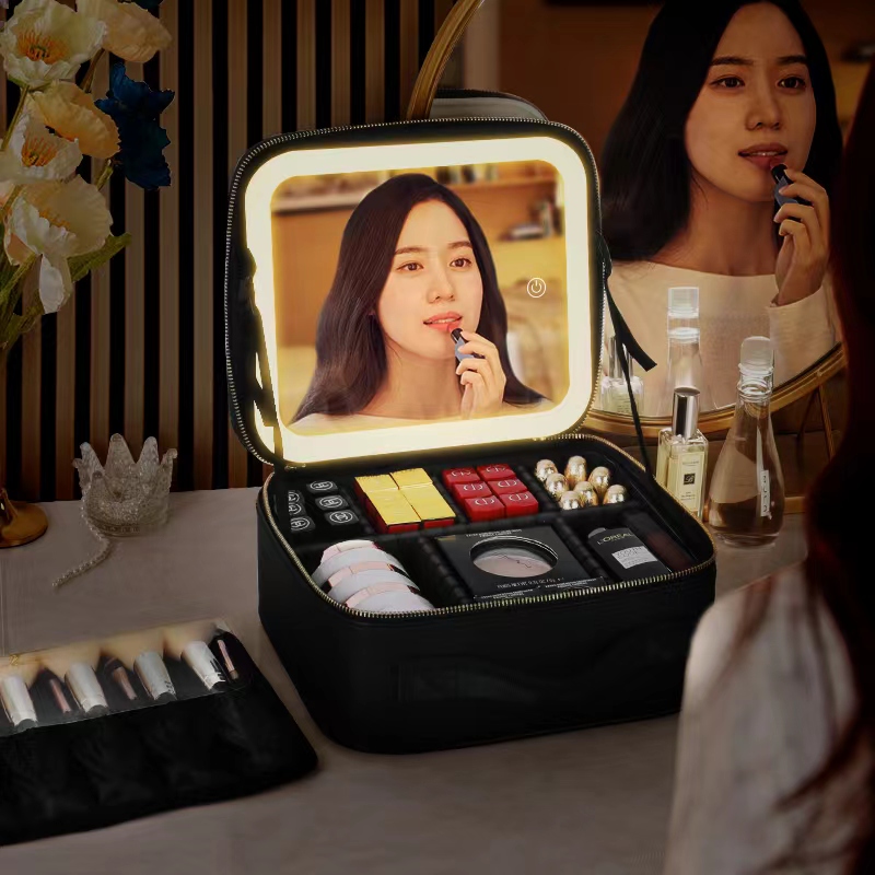 Makeup Bag With LED Lighted Mirror Travel Cosmetic Case Brush Organizer Storage Box For Women