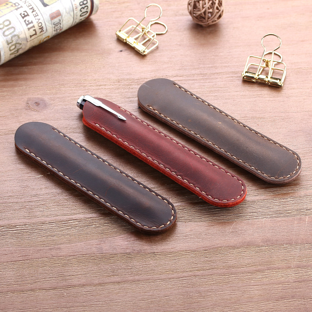 Retro Crazy Horse Genuine Leather Pen Pouch Hand-made Personalized Protective Cover