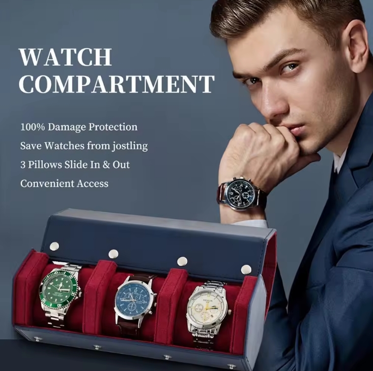 Elegance Travel Watch Case Roll Organizer For Men And Women 3 Storage Leather Watch Display Case