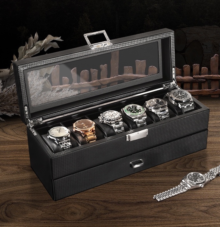 Watch Box 6 Slot Men Watch Case Display Storage Holder With Drawer 2 Layer Multifunctional Organizer