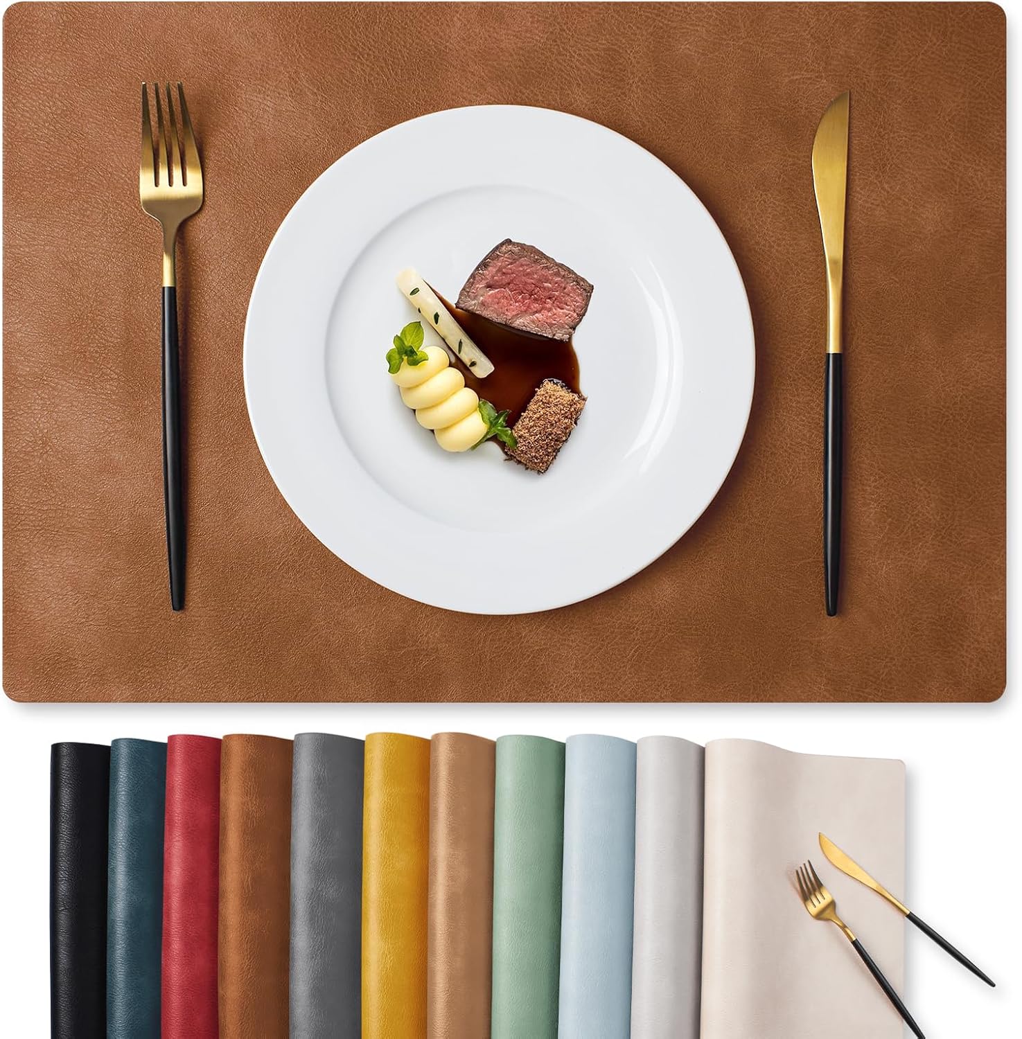 Leather 100% Waterproof Oil-Proof Wipeable PU Place Mats, Heat Resistant Reversible Table Mats
