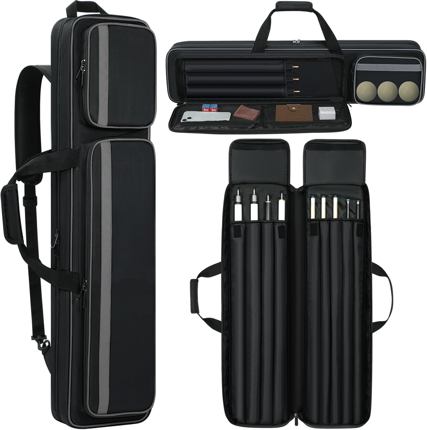 Pool Cue Case 4x5, Carrying Case Soft Padded Billiard Stick Bag with Multi-pocket, Backpack-straps 