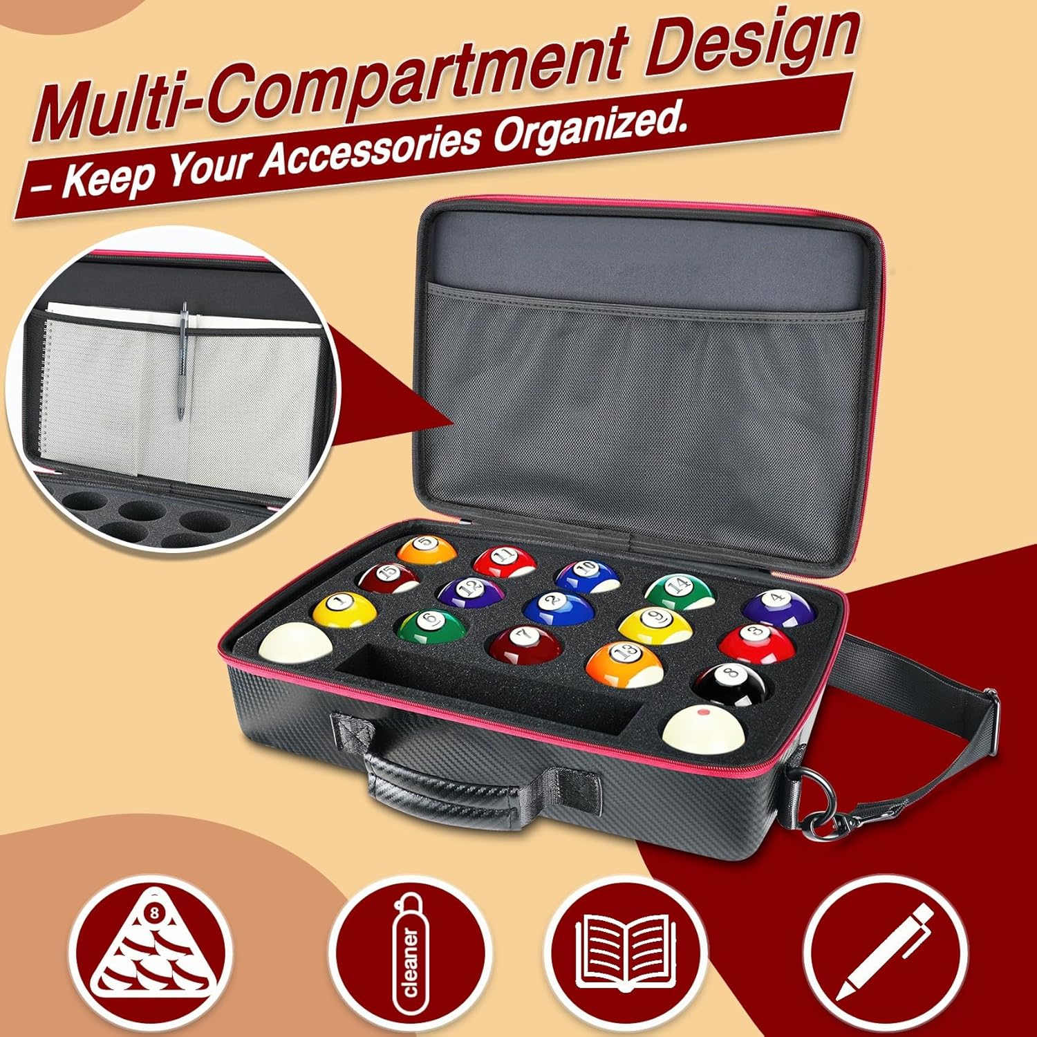 Pool Ball Case, Padded Billiard Carrying Bag with Handle and Shoulder Strap, Accessories Storage 
