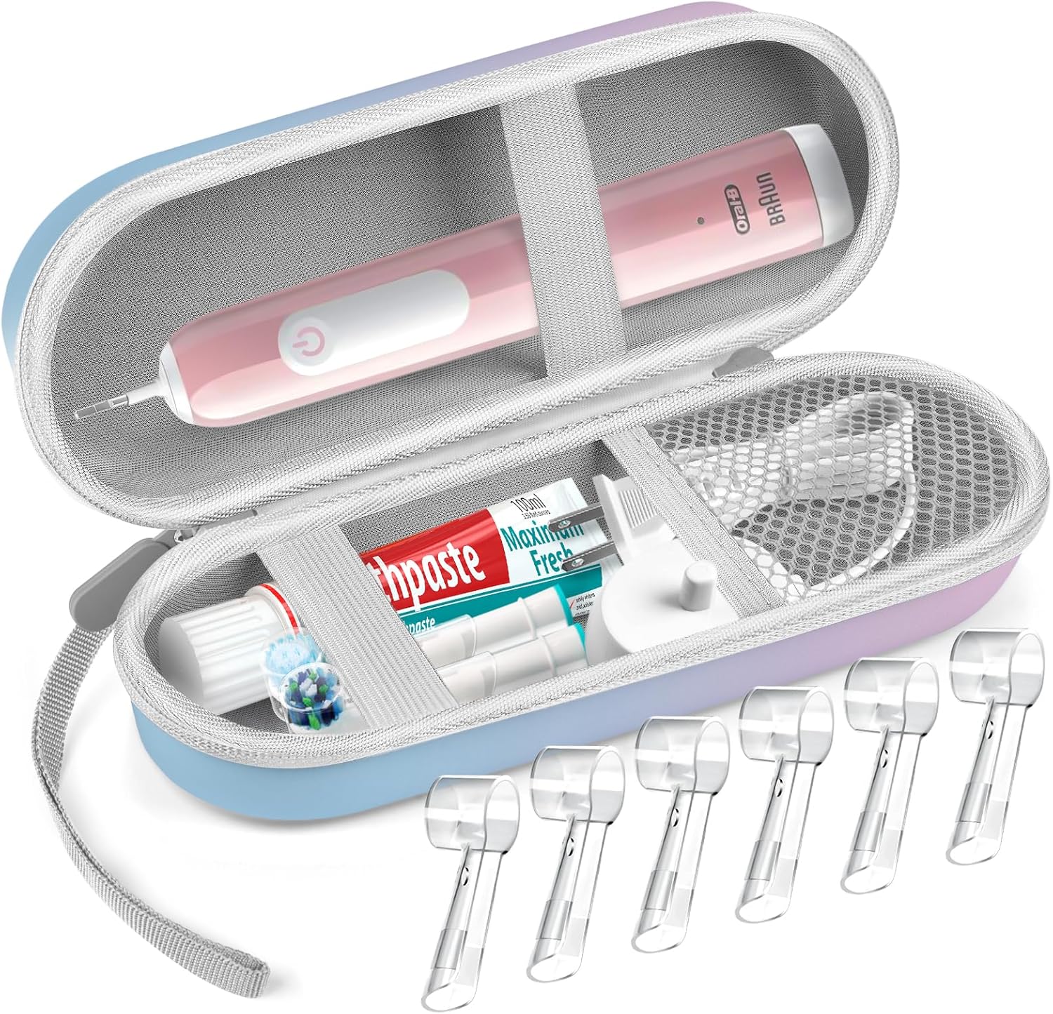 Electric Toothbrush Travel Case - Hard Storage with 6 Cover Caps for Oral-B & Philips Sonicare