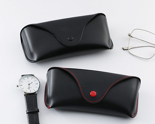 Custom Black Leather Sunglasses Case with Snap Closure & Contrast Stitching | Wholesale Eyewear Pack