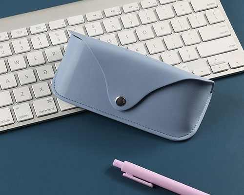 Custom Minimalist Light Blue Leather Eyewear Pouch | Snap Button Glasses Case